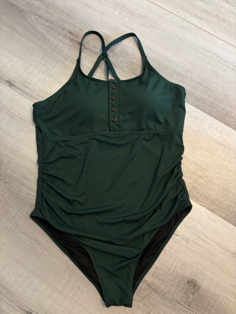 Summer Mae Ribbed One Piece Swimsuit Green Ruched Button Front XL